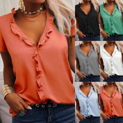 Womens Short Sleeve Ruffle V Neck T Shirt Ladies Casual Loose Plain Tops Blouse