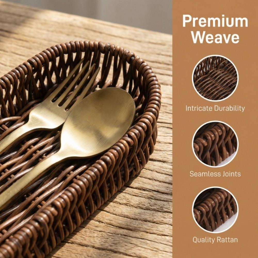 Retro Tableware Storage Basket Minimalist Desk Shelf Baskets Faux Wicker Tray Kitchen Utensils