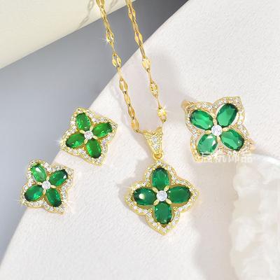 Emerald Four-Petaled Flower Necklace Light Luxury Retro Versatile Ethnic Style Lady Inlaid Zircon Crystal Collarbone Chain