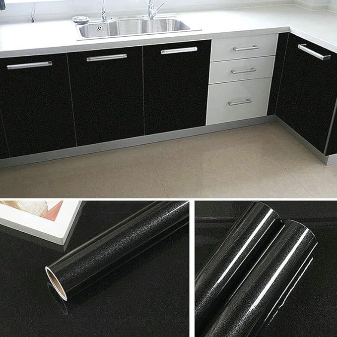 Black Glitter Effect Self Adhesive Wallpaper Vinyl Film Roll Furniture Sticker for Home Decoration Kitchen Walls Doors Windows 40x300cm