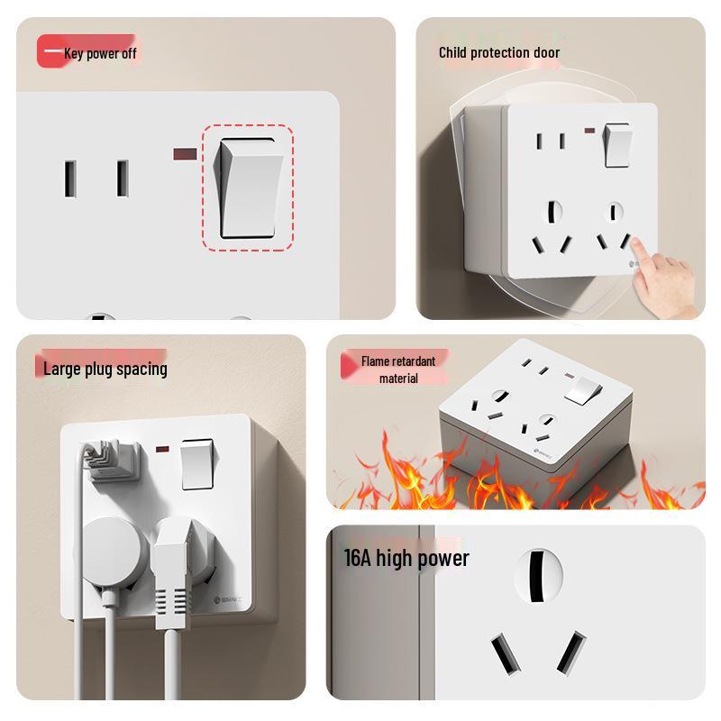 Surface Mount 86 Type 16A Single Gang 8-Hole Kitchen AC Wall Socket Panel with Switch