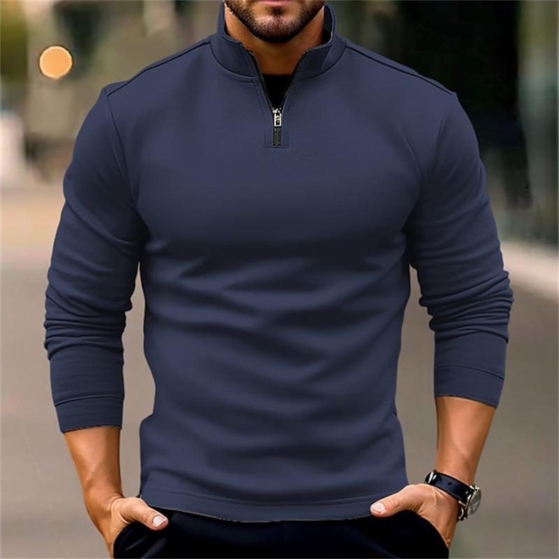 Mens Loose Zipper Long Sleeve Casual Sports Polo Shirt