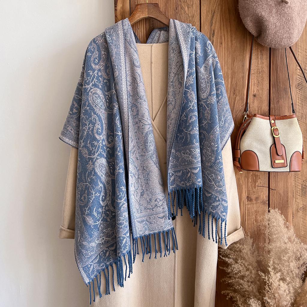Fashion Winter Cashmere Shawl For Women - Tasseled Vintage Floral Printed Oil Painting Style Pashmina Thick Scarf & Poncho