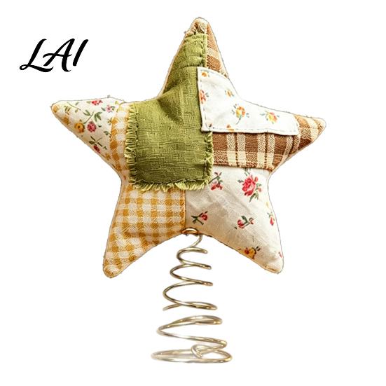 Fabric Star Ornament Christmas Tree Topper Patchwork Plush Stuffed Xmas Handmade Cloth Topper for Winter Holiday Party Home Decor