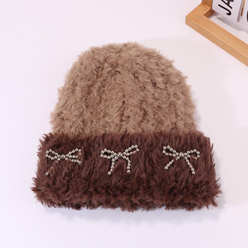 Autumn and Winter Warm Plush Hat for Women with Bow Knitted Hat Outdoor Cold Color Proof Pullover Hat Ear Protection Korean Cold Hat