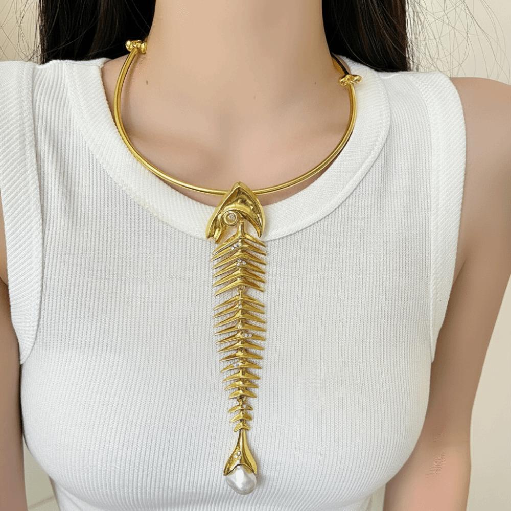 Zinc Zinc Alloy Fashion Exaggerated Necklace Rhinestone Fish Bone Neck Chain For Women