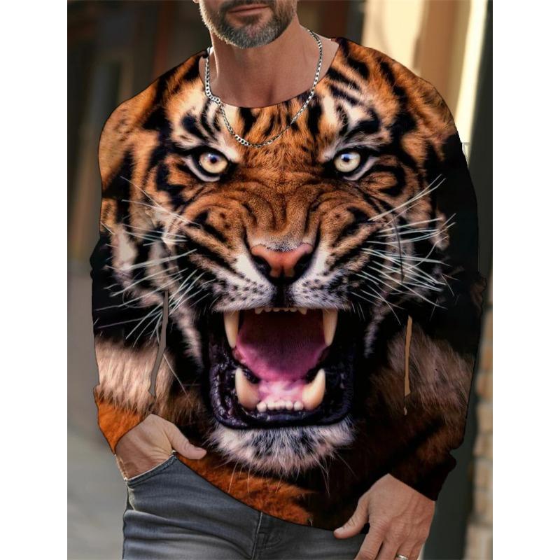 Tiger Muster 3D Druck Langarm T-Shirt Casual Mode Tier Design Streetwear Herren T-Shirts