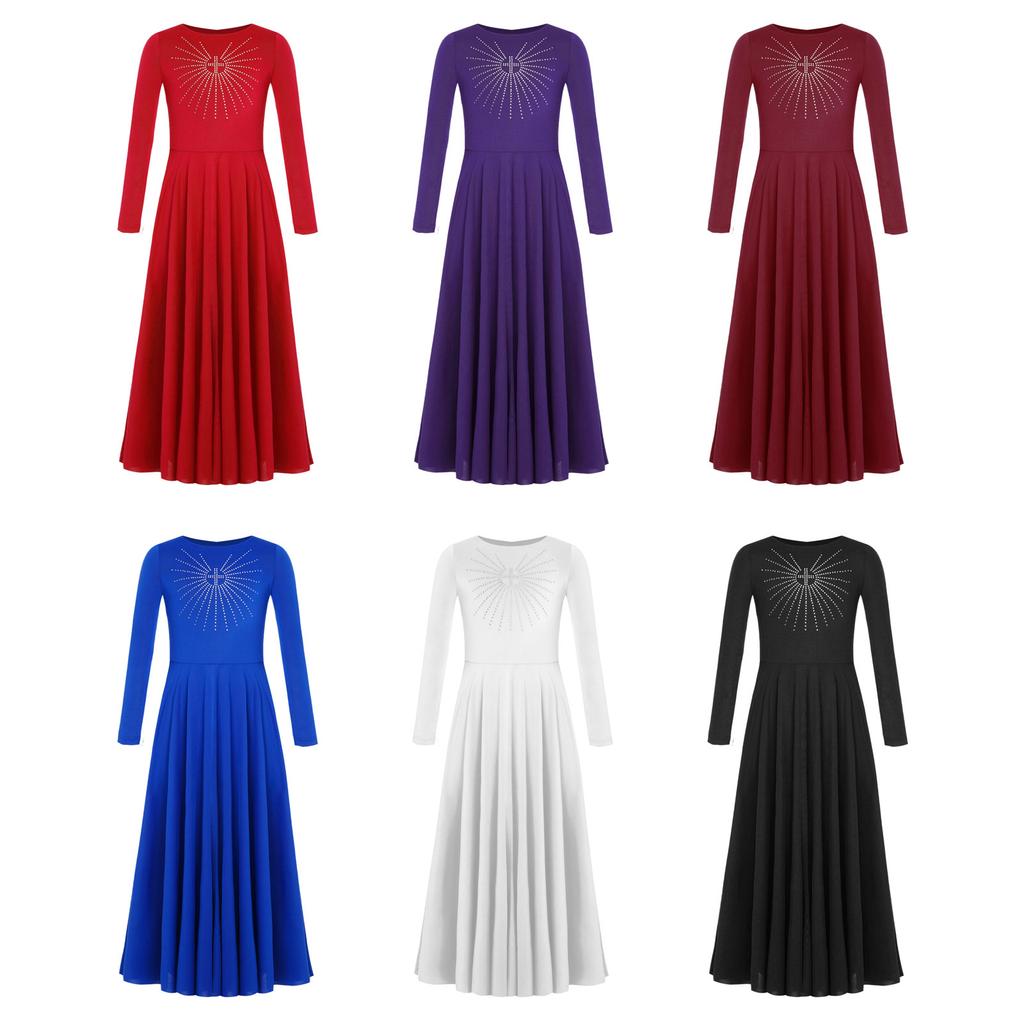 Glittery Rhinestone Church Choir Dress for Girls: Round Neck Long Sleeve A-line Maxi for Liturgical Worship Dance