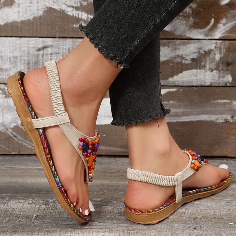 Sandals women's summer new beach shoes herringbone beaded flat sandals large size women's sandals