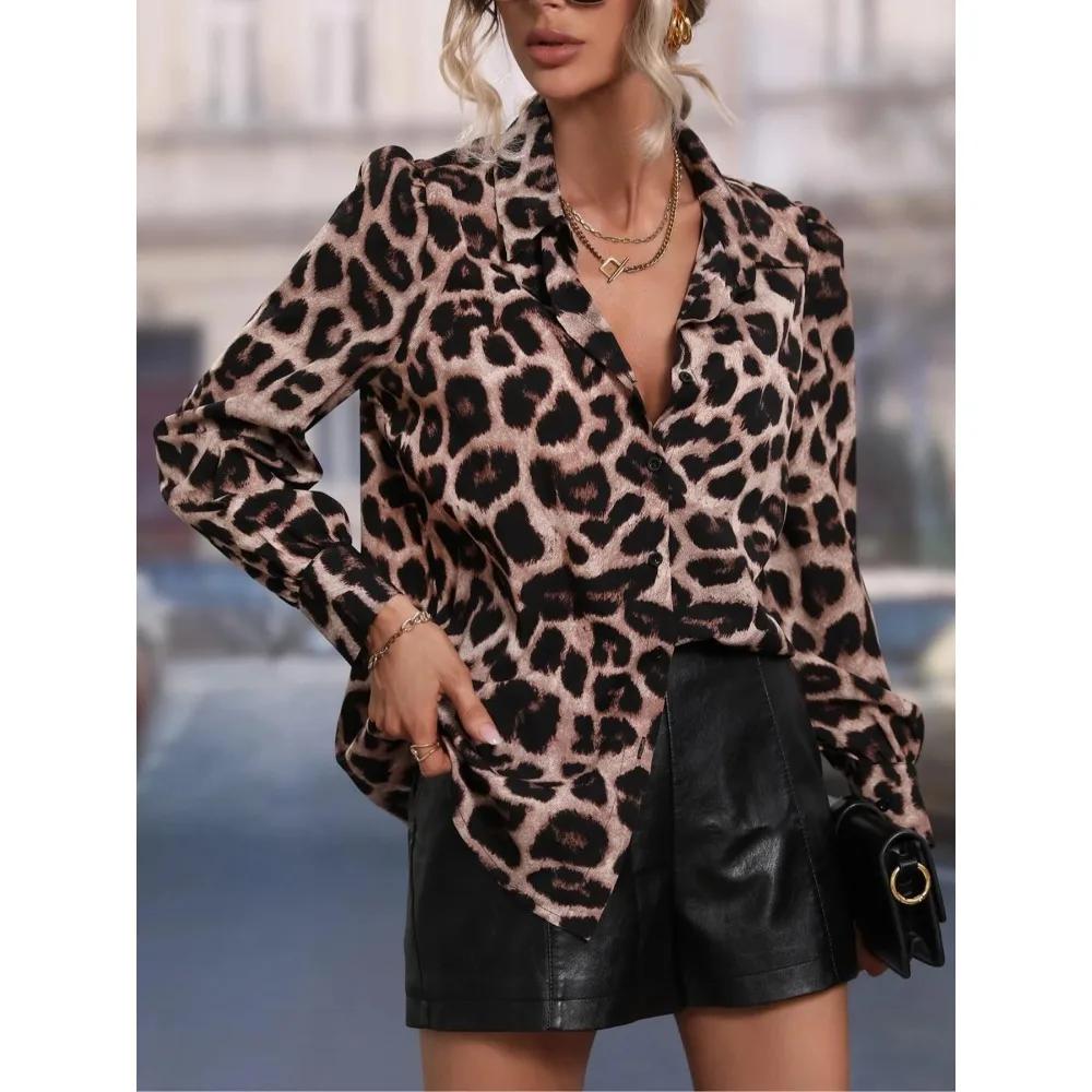 Women Elegant Women's Casual Button Shirt Blouse Trendy Leopard Print Perfect for Autumn Style Fitted Shirt