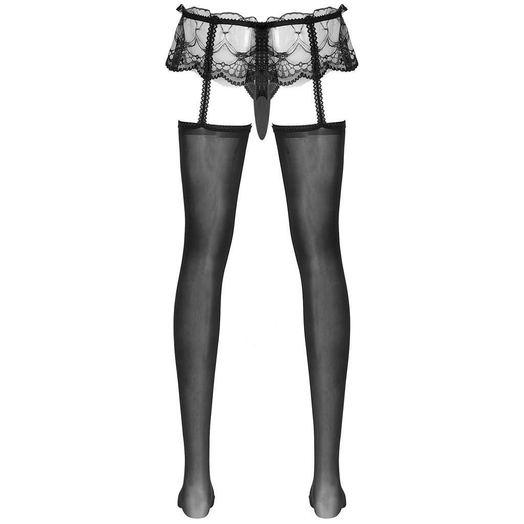 Pánské průsvitné krajkové kalhotky se sukýnkou, vykrojené, s vypouklou kapsou, G-string s lesklými podvazky