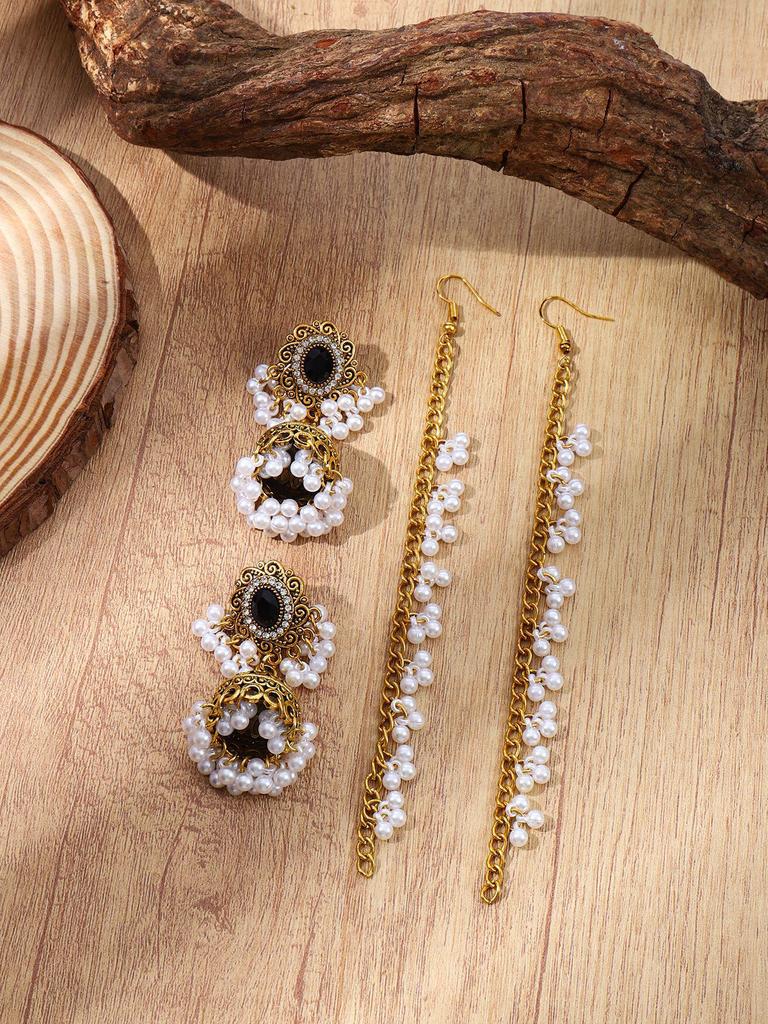 Bohemian Ethnic Rhinestone Flower Bell Earring & Hair Chain Set