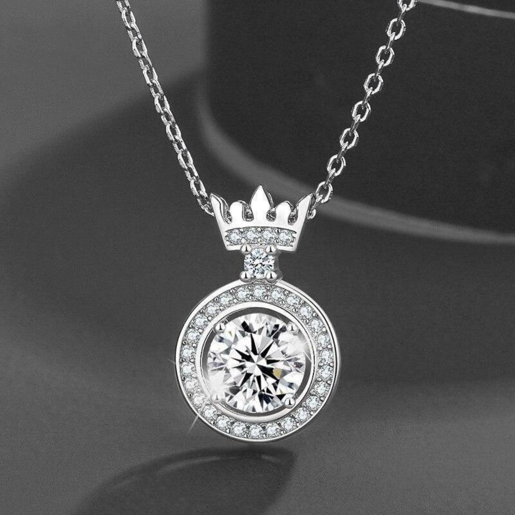 Crown Top Floating Round Cubic Zirconia Full Halo Pendant Korean Style Women Clavicle Necklace