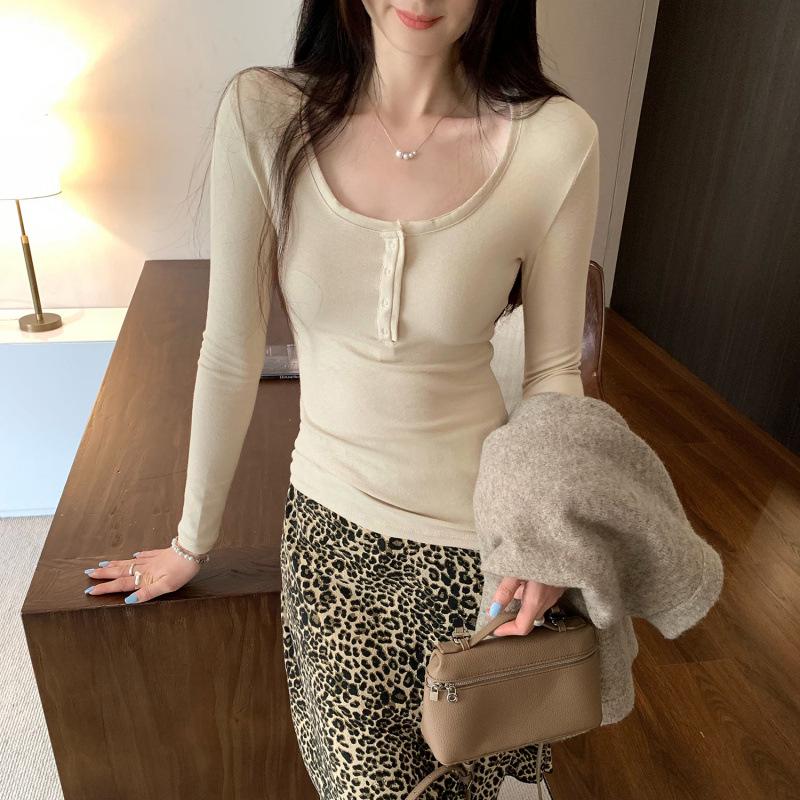 2026 Spring Korean Style Stunning Henley Collar Slimming Long Sleeve T-shirt Small абрикосовый