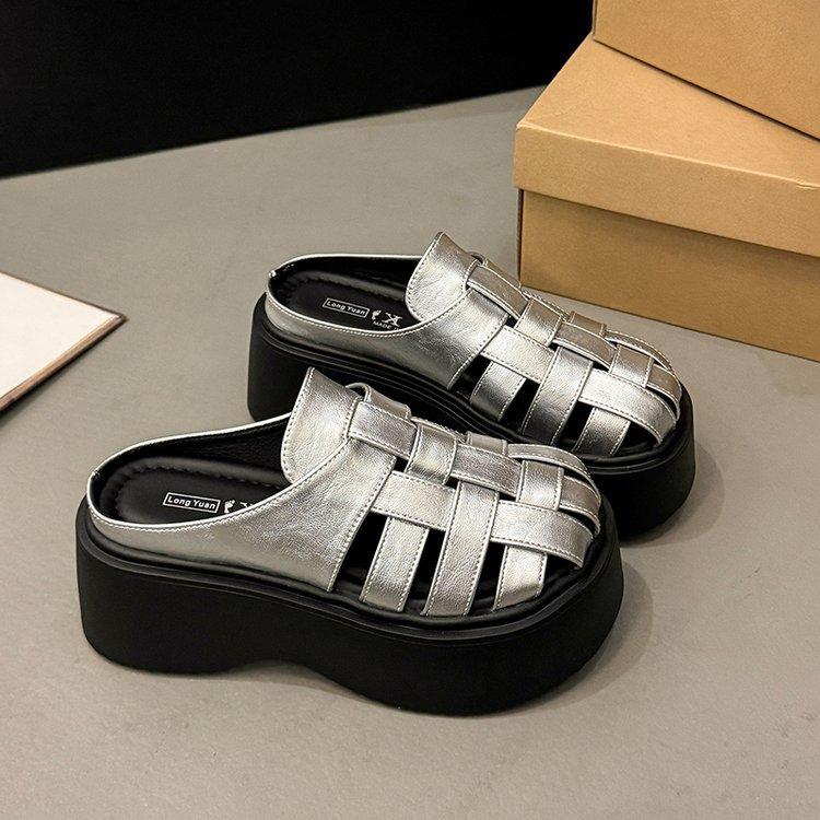 Thick bottom heightening bag head half slippers women's summer wear 2025 new summer fashion hollow muffin beach cool slippers