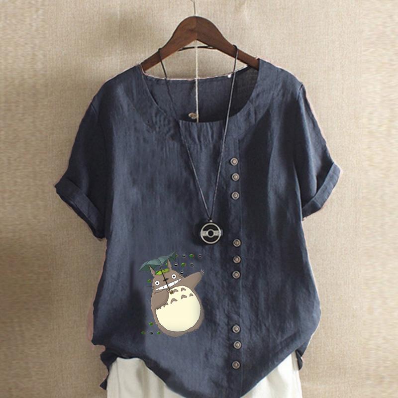 Damenmode Cartoon-Figuren Bedrucktes Kurzarm-T-Shirt Lockeres Baumwollhemd Lässige Lockere Sommerbluse Tops Übergröße