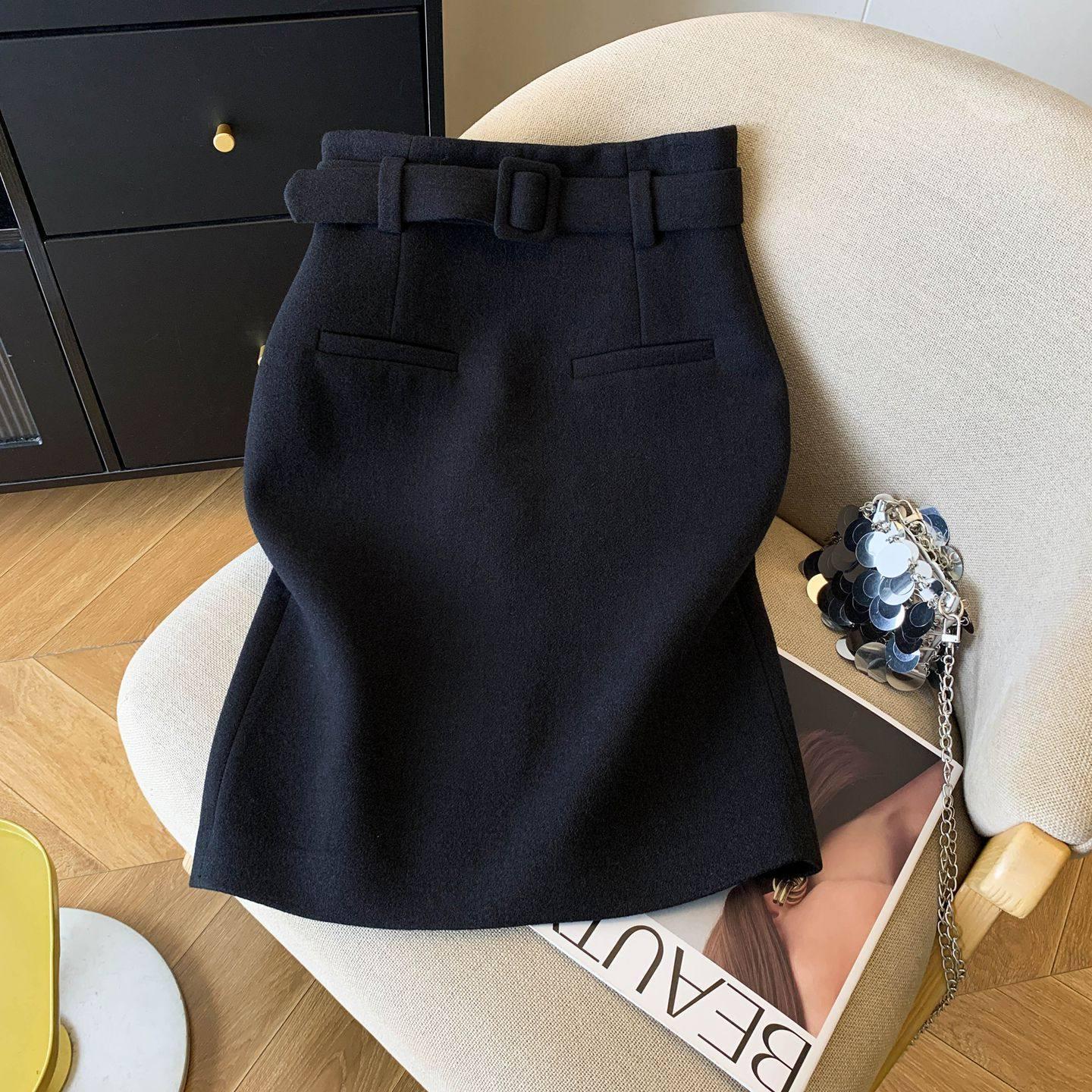 

Women s Black Wool Midi Skirt with Belt - High-Waisted A-Line for Spring/Autumn Fashion M (suitable for 90-105 lbs) чёрный