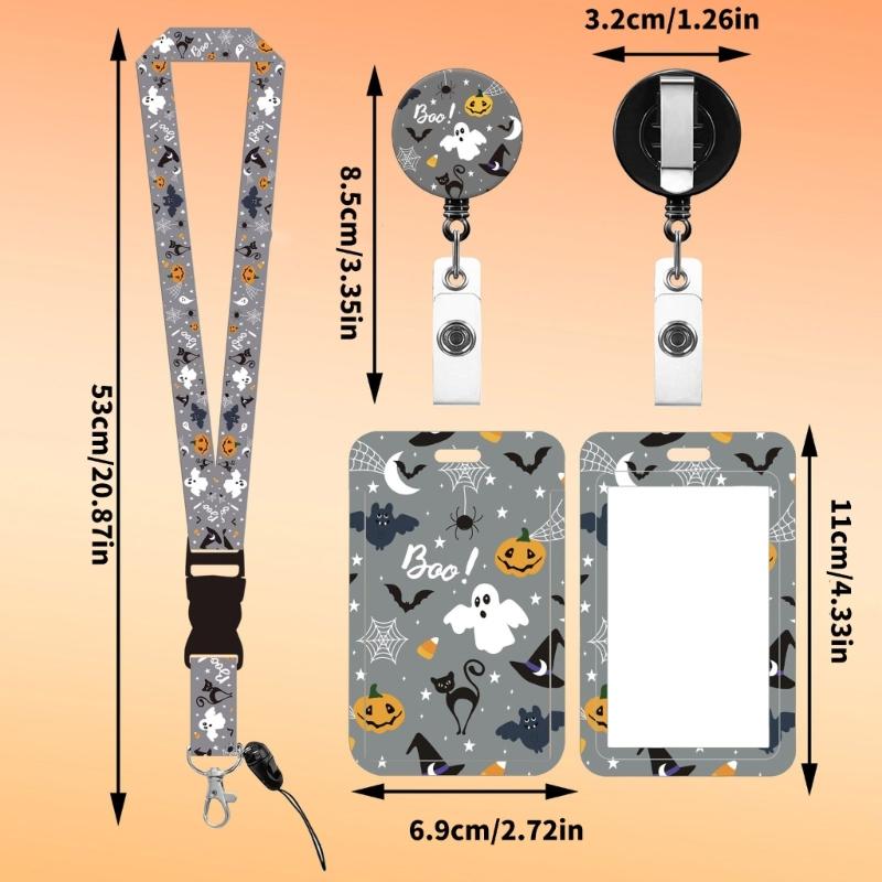 Lanyard Badge Card Holder with Keyring Pumpkins Neck Strap Halloween Retractable Badge Holder for Students