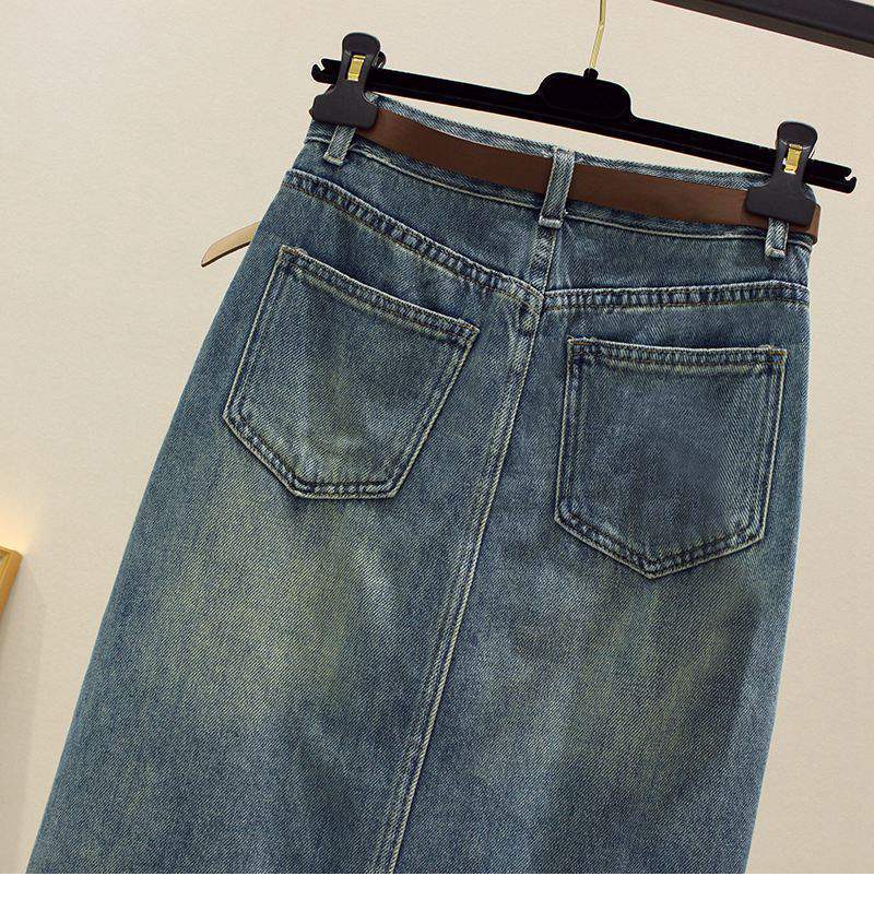 Elegant Woman Split Female Pear-shaped Design Pockets High Waist Thin Mid-length Package Hip Retro Versatile Comfortable Fashion Denim Bustier Skirt