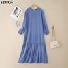 VONDA Women Round Neck Long Sleeve Casual Loose Ruffled Maxi Long Dress