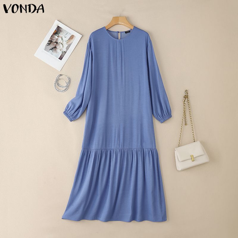 VONDA Women Round Neck Long Sleeve Casual Loose Ruffled Maxi Long Dress