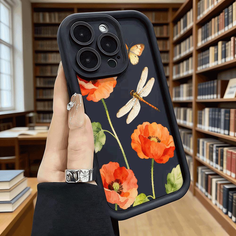 Orange Poppies Dragonfly Shockproof Soft Phone Case For Xiaomi Redmi Note 15 14 13 12 11 10 9 8 Pro Anti-Slip Anti-Fall Cover