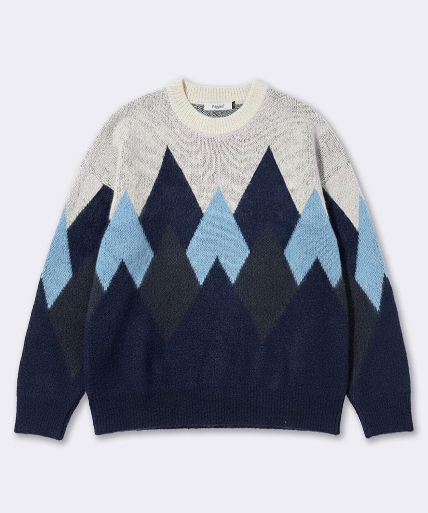 POLYGRAM Hairy Oversized Argyle Round Knit - Navy
