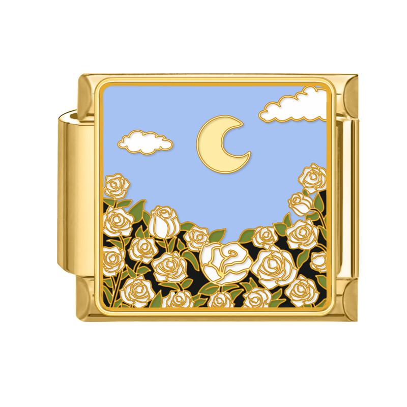 Y2K Gold Color Bear Cat Blue Sky Rose Flowers Moon Italian Charm Link Fit 9MM Stainless Steel Bracelet Women DIY Making Gifts