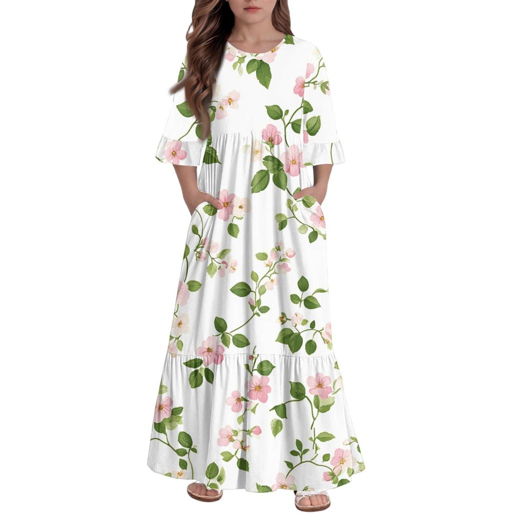 Girls' Tiered Ruffle Dress - 3/4 Sleeve Pocket Maxi With Pockets