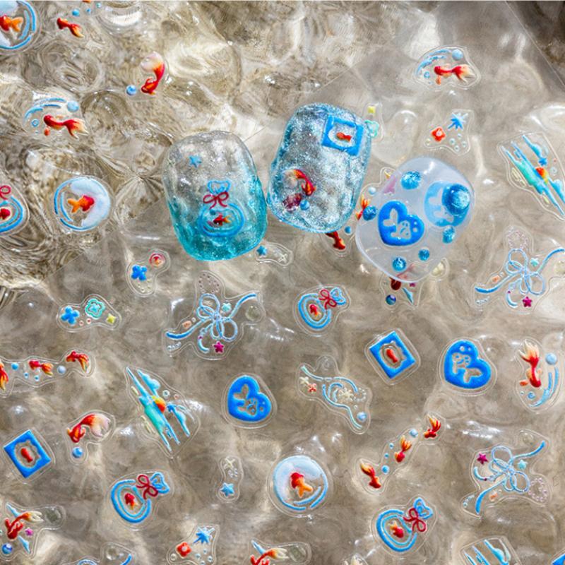 Shiny Goldfish Plastic Bag Seahorses Summer Jellyfish Starfish Shell Conch Koi Water Bubble Star Carp Nail Art Stickers Decals