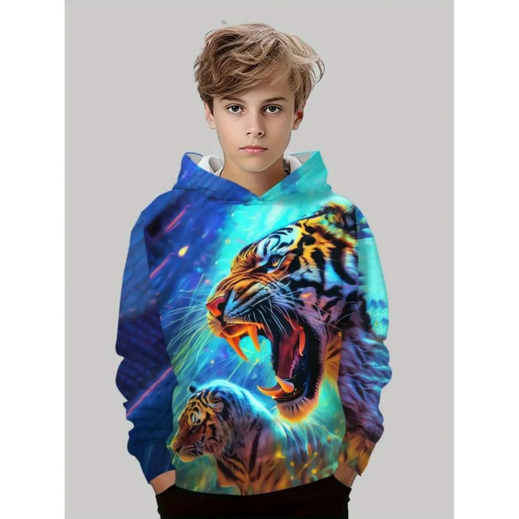 Animal Hoodie Cool Tiger Pattern 3D Print Tops Autumn Fashion Loose Pullover Long-Sleeve Hoodie Comfort Children's Clothing Boy