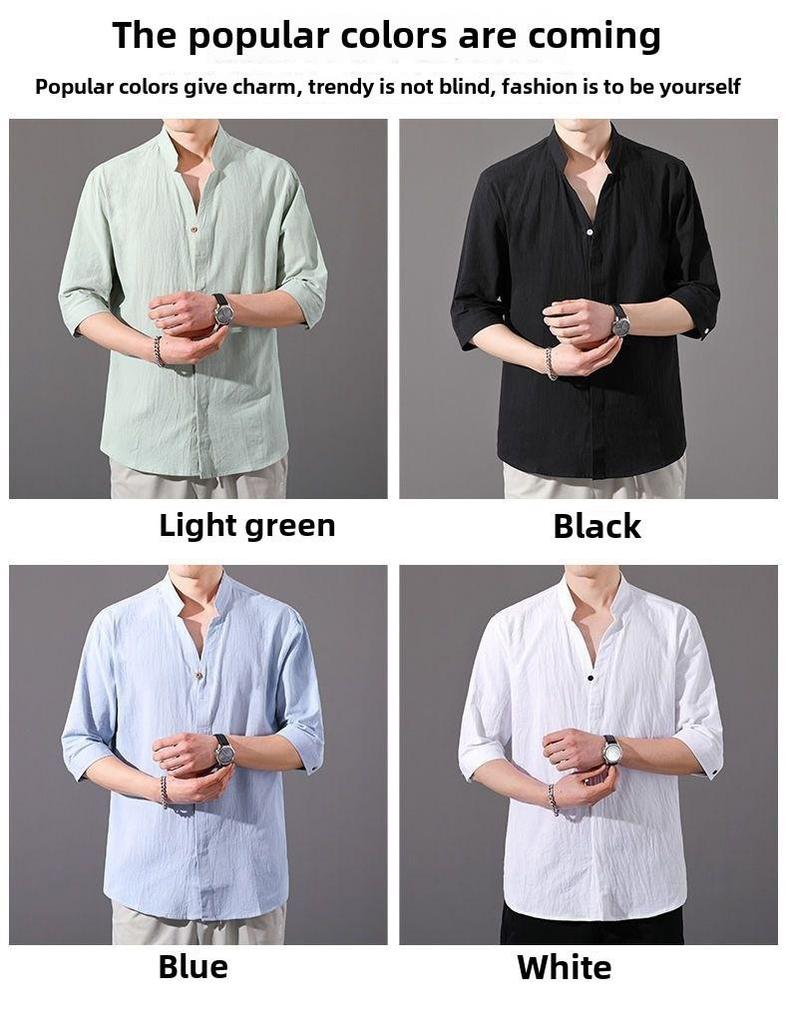 Men's Trendy Summer Cotton-Linen Stand Collar Shirt, Short-Sleeved, Loose Fit