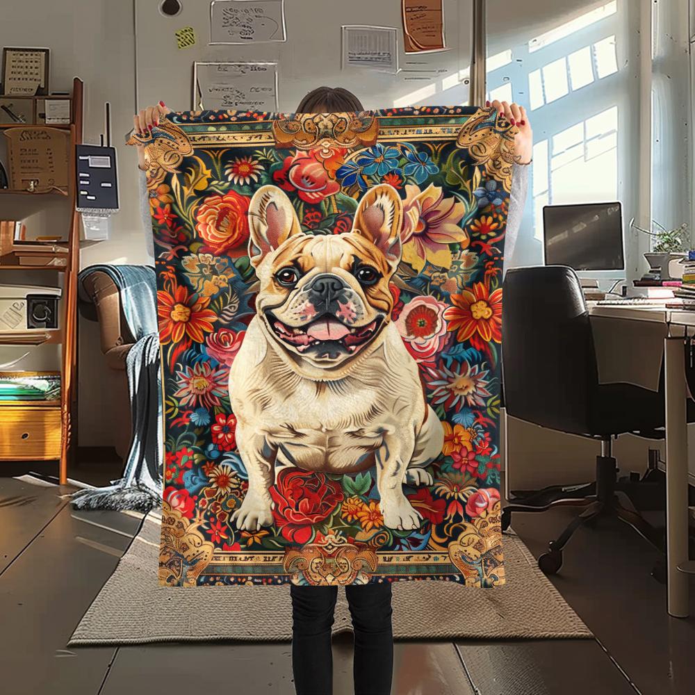 1Pc Floral Dog Print Flannel Blanket, High quality Comfortable for All Seasons, Home Decor, Warmth and Comfort, Perfect for Christmas Gifts