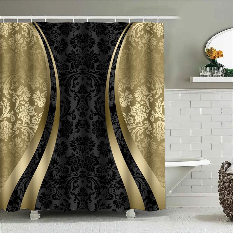 Luxury Plush Shower Curtains With Damask Print Gold Accents Black Beige Bath Decor For Home Bathroom Size 72 X 84 Inches (L) By