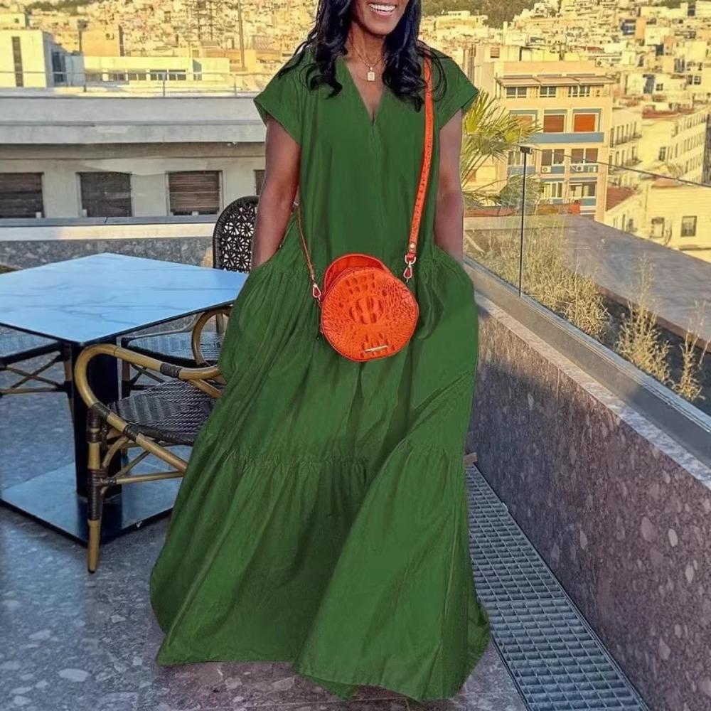 Women's V Neck Short Sleeve Maxi Dress Oversized Loose Waist Ruffle Tiered Big Swing Long Dress With Side Pockets For Spring Summer Street Vacation