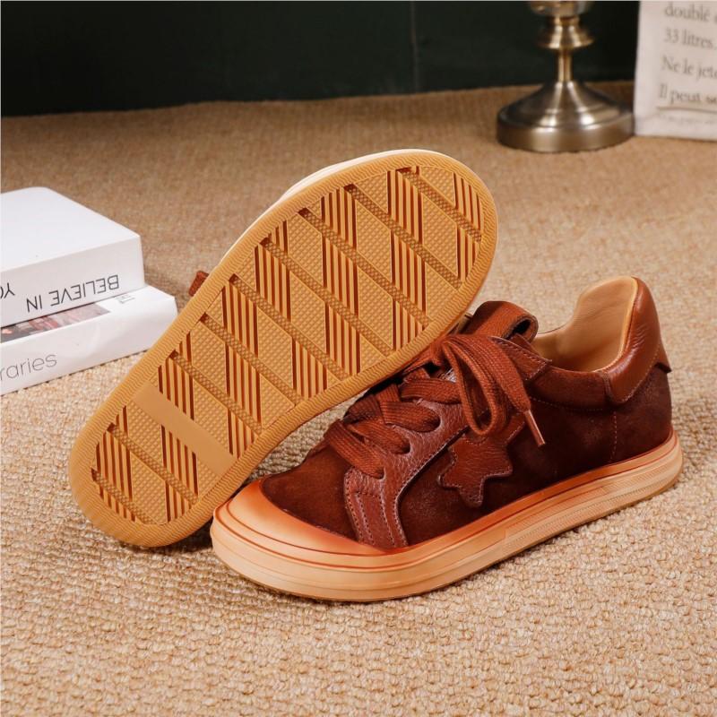 Johnature Versatile Women's Shoes Genuine Leather Solid Color Lace Up Casual Cowhide Soft Soled Flat Shoes