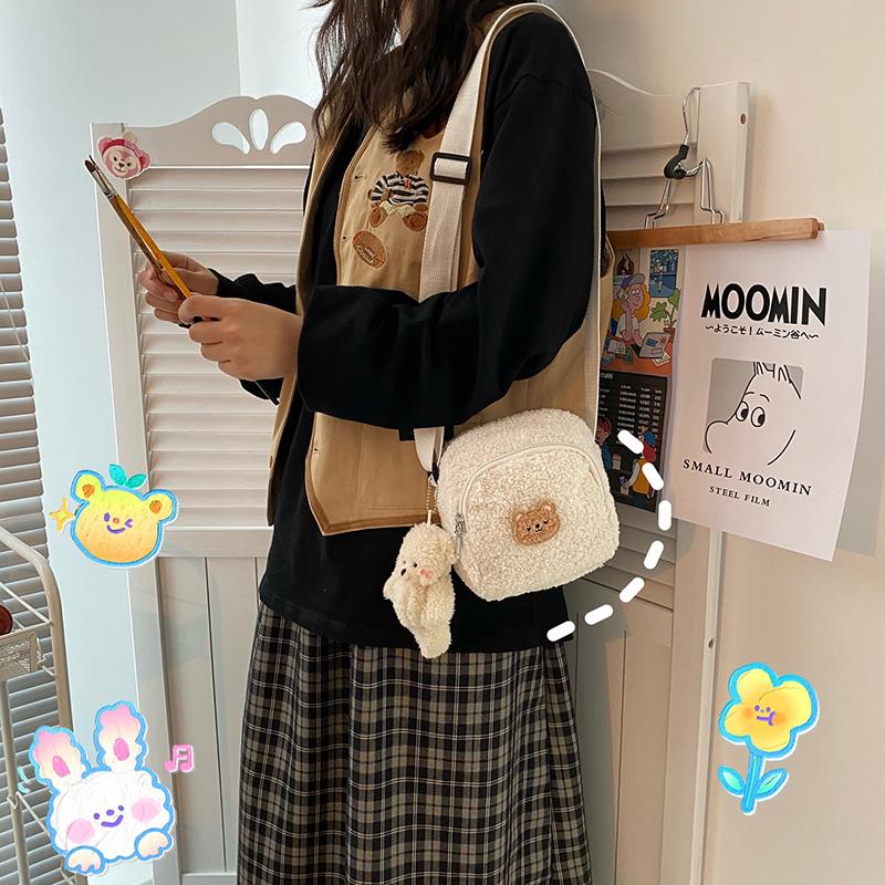 Geantă de umăr cu imprimeu drăguț de urs pentru femei, geantă de umăr mică de pluș, genți de mână din material textil ca de miel pentru dama, din pânză, cu fermoar, geantă pentru telefon mobil