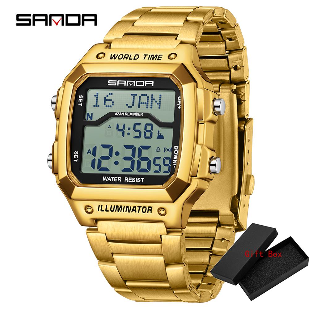 Fashion Sanda 2172 2173 Men's Digital Watch Waterproof MultiFunctional Full Stainelss Steel Golden LED Display Stylish & Durable