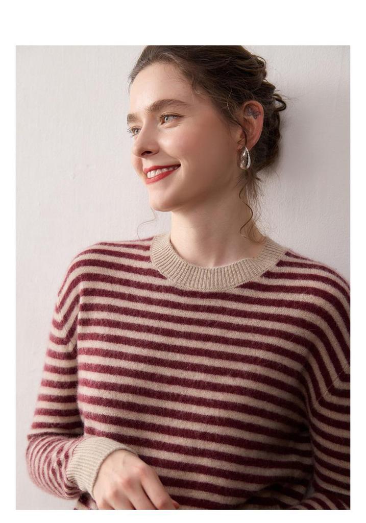 Women's Striped Cashmere Sweater - 2025 Autumn/Winter, Half-High Neck, Sweet Style, Loose Slimming Pullover