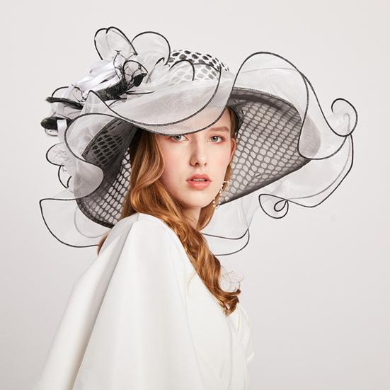 Women Performance Hat See-through Mesh Flower Decor Wide Brim Medieval Curling Edge Hollow Out Banquet Cap Stage Show Cap