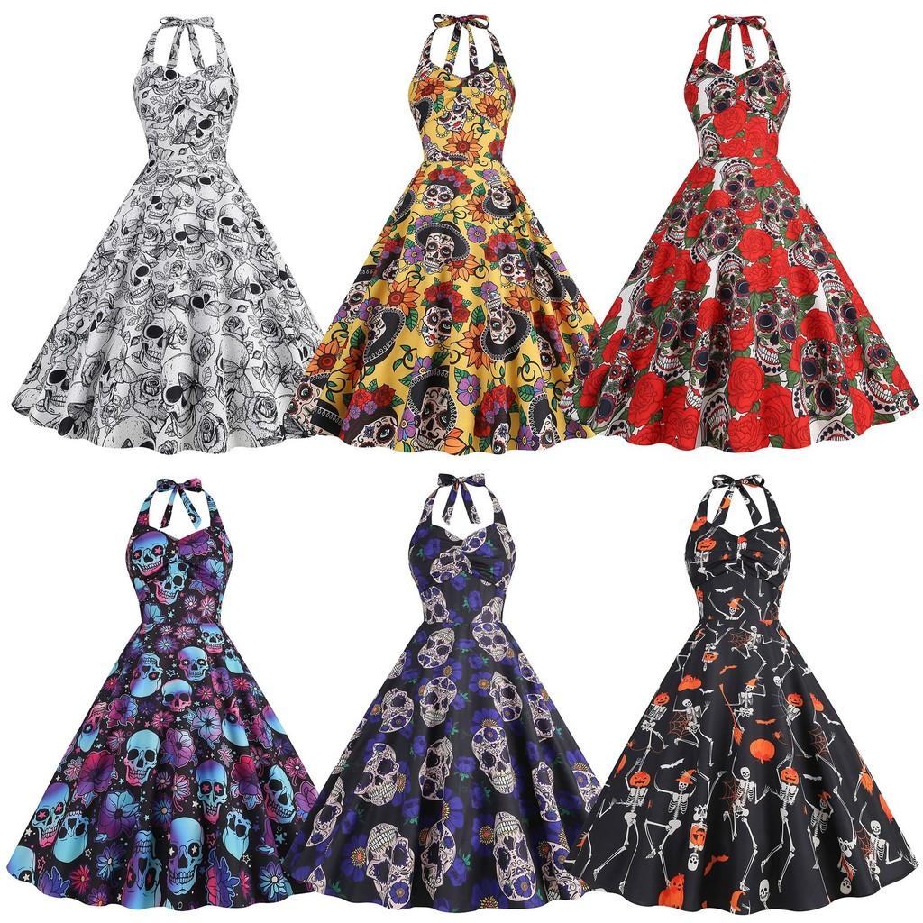 

Women Retro 50s 60s Hepburn Swing Rockabilly Skull Print Halter Sleeveless Midi Dress Bridal Host Wedding Bride Bridesmaids Party Gowns S серый