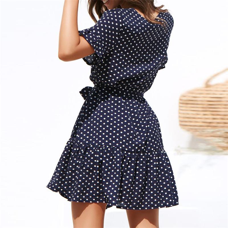 Women's Polka Dot Mini Dress V Neck Button Front Tie Waist Short Sleeve Summer Dress