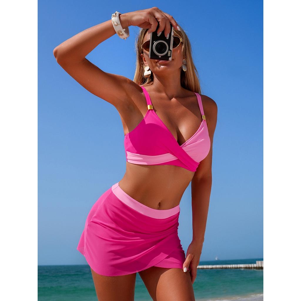 Women's Swimsuit, Patchwork Swimsuit, Deep V-neck, Two-piece Swimsuit, Mesh Skirt Sports Swimsuit