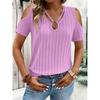 Women Solid Color Loose Cross Front V-neck Off Shoulder Short Sleeve T-shirt