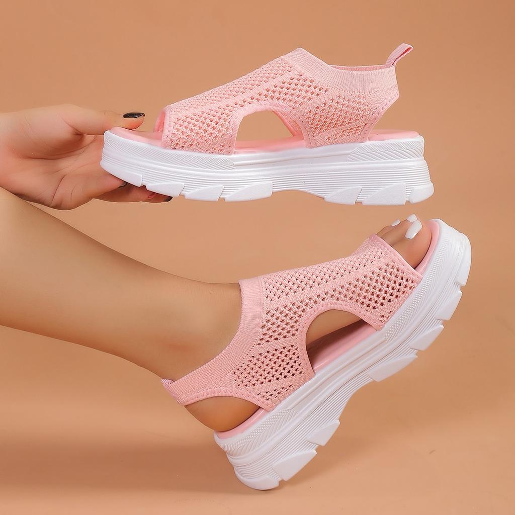 Women's Knitted Sport Sandals, Platform Peep-Toe Flats, Breathable Summer Shoes Wholesale for Women