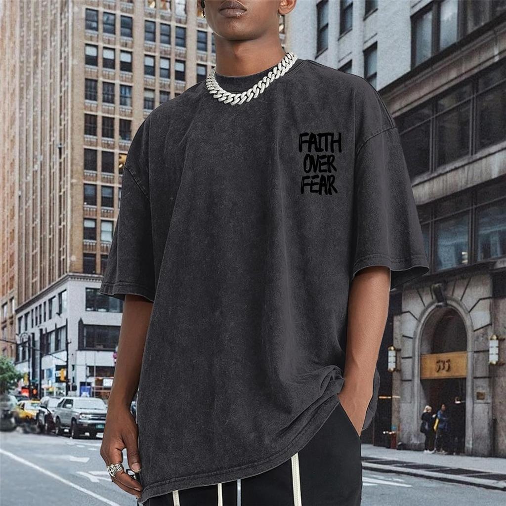 Men's Washed Faith Over Fear Print 100% Cotton Oversized Short Sleeve T-shirt