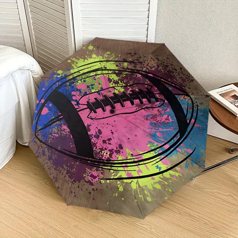 Colorful Football Splash Art Automatic Opening/Closing Umbrella - Portable Tri-Fold Design with 8-Bone Iron Frame, Perfect for Fans, Travele