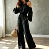 Women's Cable Knit Neck Long Sleeve Jumpsuit, High Waist Loose Fit Straight Leg