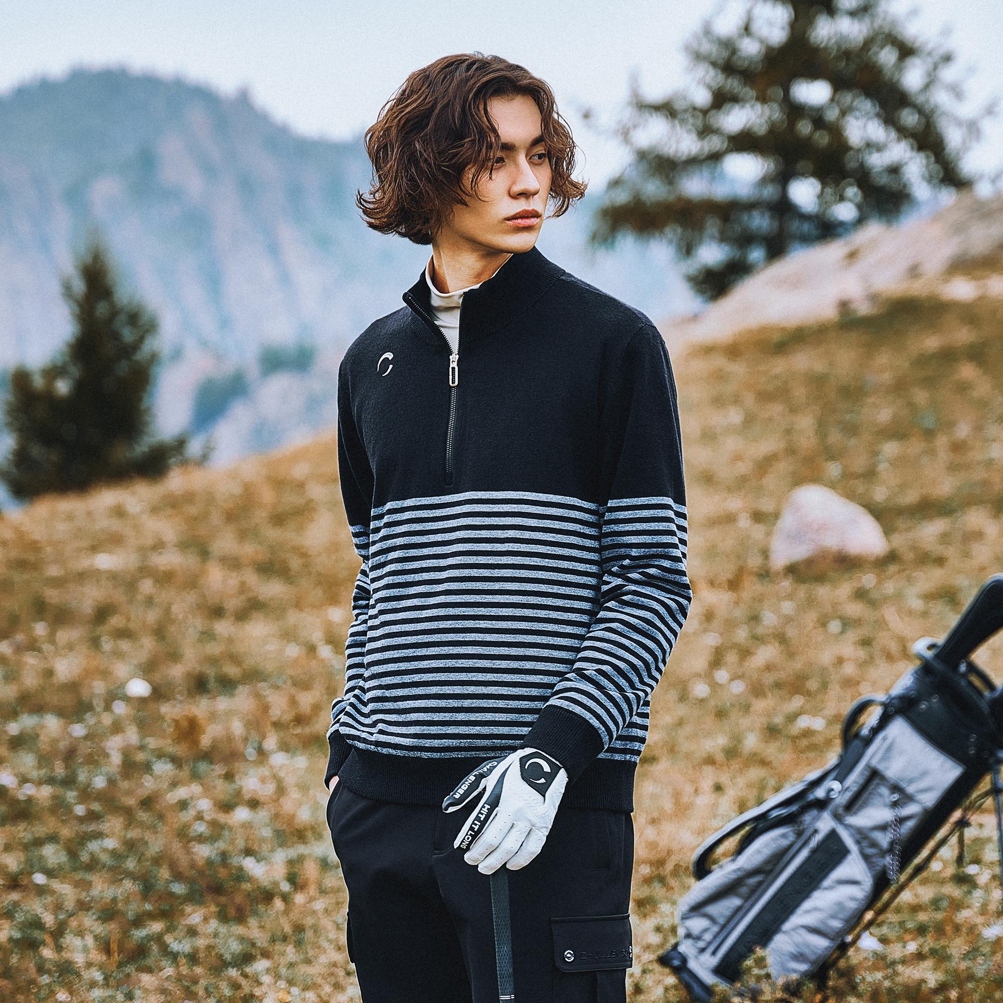 Challenger Men S Striped Half-Zip Windproof Knit Pullover Black Bk (Black)/S