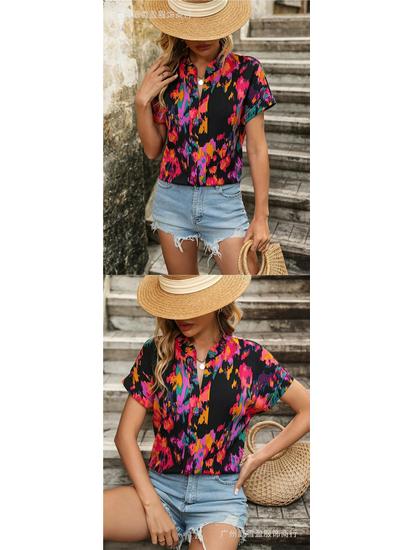 Women's Colorful Floral Print V-Neck Short-Sleeve Top - Summer Fashion
